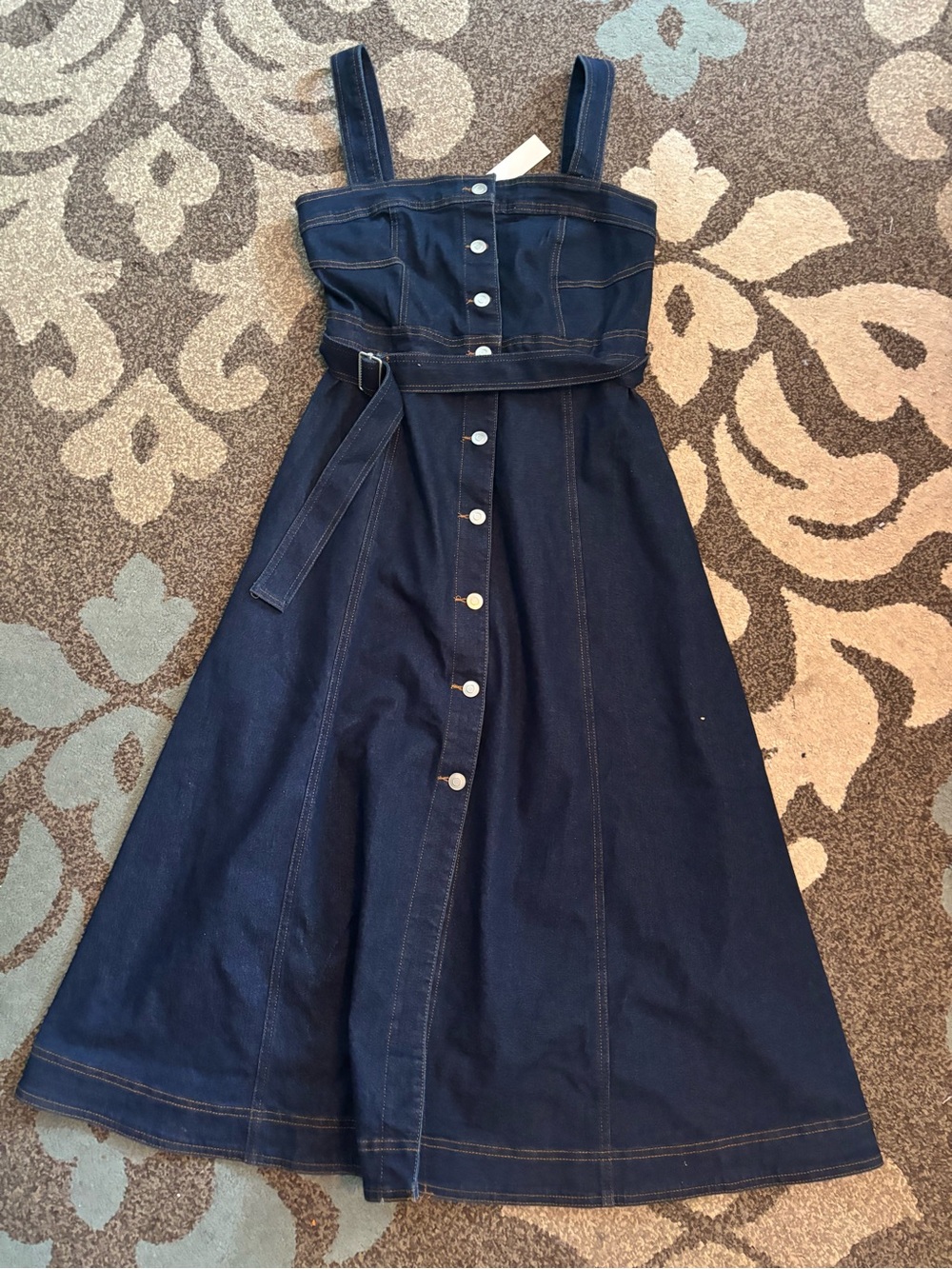 Sleeveless Dark Denim Midi Dress with Button Front and Waist Tie